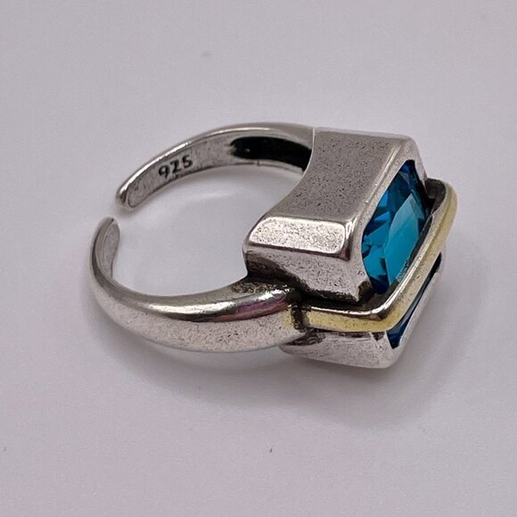 Adjustable 925 Silver Large Faux Blue Zircon w/ Gold Tone Metal Strap Ring #1303 - Picture 6 of 12